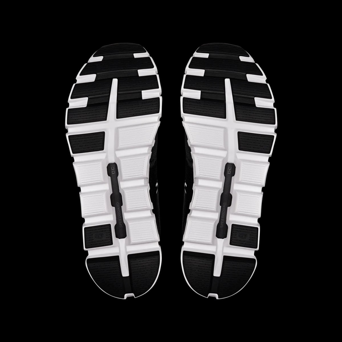 On Cloud 6 — black / white — outsole view (official reference photograph)