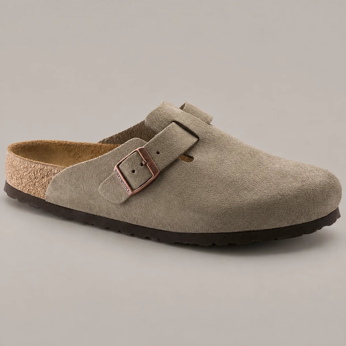 Birkenstock Suede Clogs — warm stone-gray studio cover